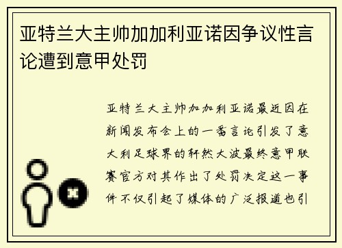 亚特兰大主帅加加利亚诺因争议性言论遭到意甲处罚